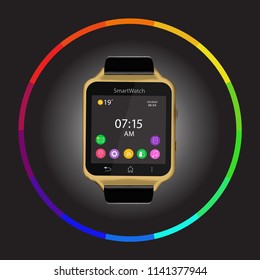 Vector illustration of smart Watch device display with app icons. Isolated on dark background.