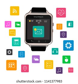 Vector illustration of smart Watch device display with app icons. Isolated on white background.