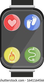 Vector illustration of a smart watch display device with application icons, for tracking steps, heart rate, kilocalories of distance. Isolated over white background. Eps10 image