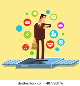 Vector illustration of smart watch fiat concept. Modern electronic device with apps icons. The use of modern electronic technology smart watch business people