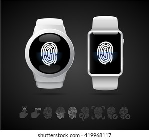 Vector illustration of the smart watch with fingerprint scanning on the display.