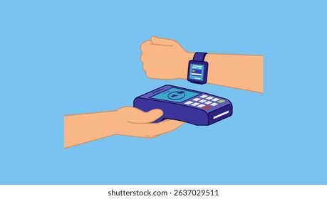 Vector illustration of smart watch making digital payment, smart watch doing scanning with EDC machine. Payment and fintech app with pos, deal and services with scanning in store.