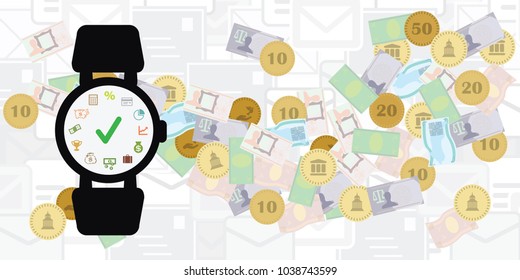 vector illustration of smart watch and money for mobile payments and financial applications