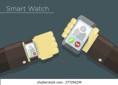 Vector illustration of smart watch and smartphone synchronization concept 