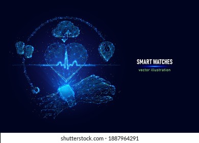 Vector illustration of smart watches. Digital wireframe of smart watches showing heart rate made of connected dots. Low poly illustration of heart rate monitoring hologram on blue background.