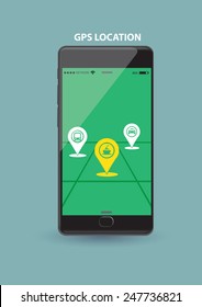 Vector illustration of a smart wireless mobile phone showing GPS application on touch screen.  