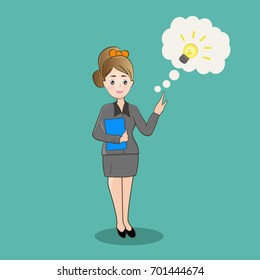Vector illustration of Smart woman having a bright idea on green background