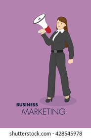Vector illustration of smart young cartoon businesswoman holding hand-held megaphone for business marketing and promotion concept isolated on plain purple background.
