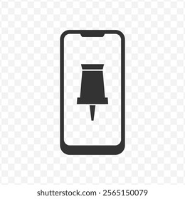 Vector illustration of smarthphone pin icon in dark color and transparent background(PNG).