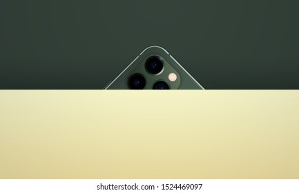 Vector illustration of a smartphone with 3 cameras, unusual view. New model