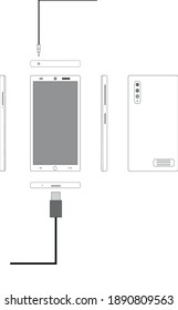 Vektorgrafik von Smartphone in allen Seitenaufnahmen mit Ladeanschluss und Kopfhörerbuchse(Realistisch).