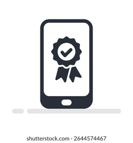 Vector illustration of smartphone with badge and check mark icon, concept of warranty, security or digital validation.