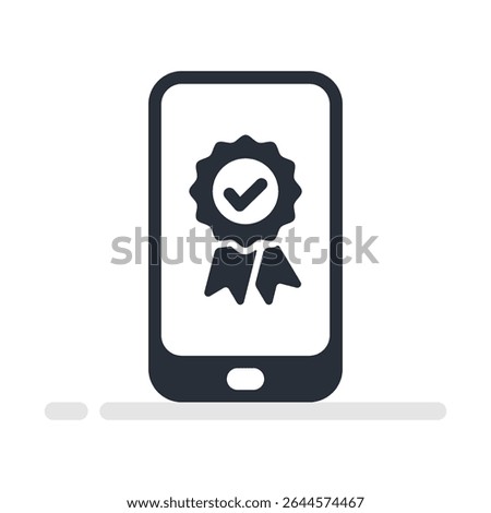 Vector illustration of smartphone with badge and check mark icon, concept of warranty, security or digital validation.