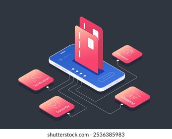 Vector Illustration of a Smartphone with Bank Cards and Payment Icons in Isometric Style. Represents Secure Transactions, Purchase Verification, and Financial Safety in Digital Payments