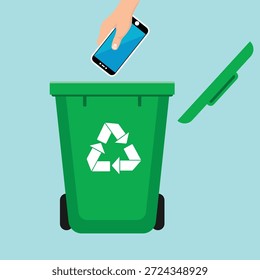 Ilustración vectorial de un teléfono inteligente arrojado a un contenedor de basura, que simboliza la desintoxicación digital, el aislamiento de las redes sociales, la reducción de la distracción, el enfoque, la atención plena y la claridad mental
