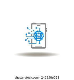 Vector illustration of smartphone with bitcoin and circuit pattern. Symbol of crypto wallet. Icon of cryptocurrency apps.