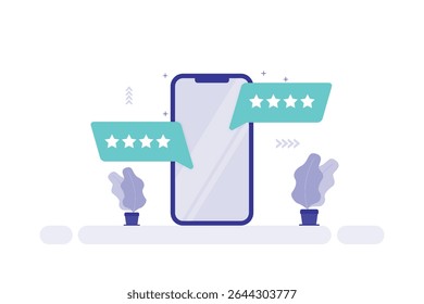 Vector illustration of Smartphone with a blue outline, displaying two teal speech bubbles featuring five white stars each, symbolizing positive ratings