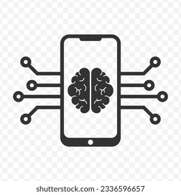 Vector illustration of smartphone brain icon in dark color and transparent background(PNG).