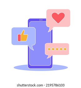 Vector illustration of smartphone with buttons with thumb up, like and rating in blue, pink and yellow, isolated on a white background. Service assessment.