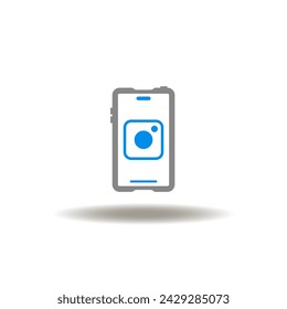 Vector illustration of smartphone with camera. Icon of mobile cam. Symbol of mobile photo and video content.