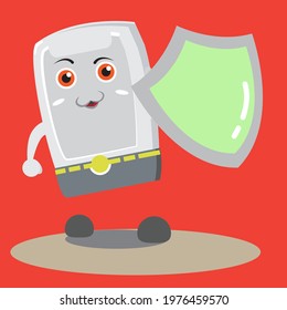 Vector illustration of a smartphone or cellphone mascot holding a shield, suitable for cellphone shops, smartphone shops, for mascot cellphone shop websites, online shops, electronic products, etc.