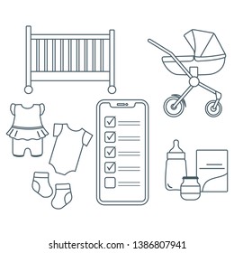 Vector illustration with smartphone with checklist, newborn baby accessories. Pram, crib, bottle, baby food can, socks, bodysuits. Online shopping.