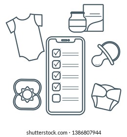 Vector illustration with smartphone with checklist, newborn baby accessories.  Bodysuit, baby food can, diapers, nipple, rattle. Online shopping.
