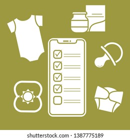 Vector illustration with smartphone with checklist, newborn baby accessories.  Bodysuit, baby food can, diapers, nipple, rattle. Online shopping.