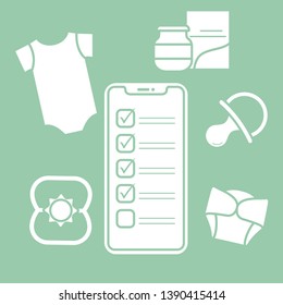 Vector illustration with smartphone with checklist, newborn baby accessories.  Bodysuit, baby food can, diapers, nipple, rattle. Online shopping.