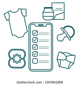Vector illustration with smartphone with checklist, newborn baby accessories.  Bodysuit, baby food can, diapers, nipple, rattle. Online shopping.