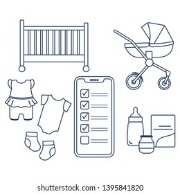 Vector illustration with smartphone with checklist, newborn baby accessories. Pram, crib, bottle, baby food can, socks, bodysuits. Online shopping.