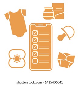 Vector illustration with smartphone with checklist, newborn baby accessories.  Bodysuit, baby food can, diapers, nipple, rattle. Online shopping.