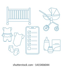 Vector illustration with smartphone with checklist, newborn baby accessories. Pram, crib, bottle, baby food can, socks, bodysuits. Online shopping.