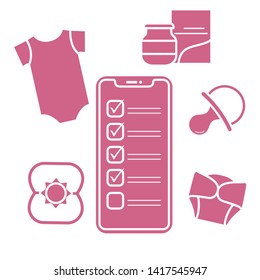 Vector illustration with smartphone with checklist, newborn baby accessories.  Bodysuit, baby food can, diapers, nipple, rattle. Online shopping.