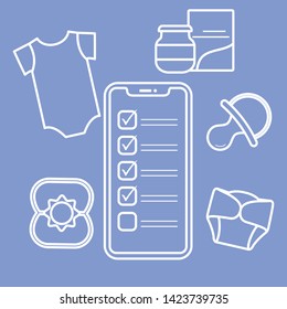 Vector illustration with smartphone with checklist, newborn baby accessories.  Bodysuit, baby food can, diapers, nipple, rattle. Online shopping.