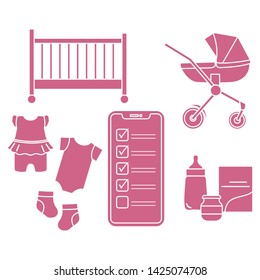 Vector illustration with smartphone with checklist, newborn baby accessories. Pram, crib, bottle, baby food can, socks, bodysuits. Online shopping.