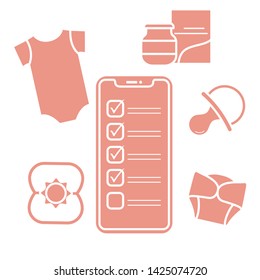 Vector illustration with smartphone with checklist, newborn baby accessories.  Bodysuit, baby food can, diapers, nipple, rattle. Online shopping.