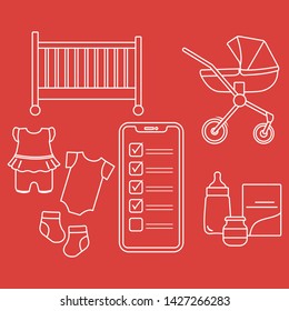 Vector illustration with smartphone with checklist, newborn baby accessories. Pram, crib, bottle, baby food can, socks, bodysuits. Online shopping.