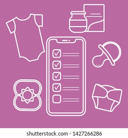 Vector illustration with smartphone with checklist, newborn baby accessories.  Bodysuit, baby food can, diapers, nipple, rattle. Online shopping.