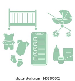 Vector illustration with smartphone with checklist, newborn baby accessories. Pram, crib, bottle, baby food can, socks, bodysuits. Online shopping.