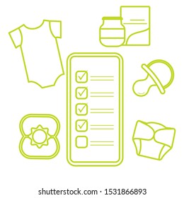 Vector illustration with smartphone with checklist, newborn baby accessories.  Bodysuit, baby food can, diapers, nipple, rattle. Online shopping.