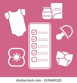 Vector illustration with smartphone with checklist, newborn baby accessories.  Bodysuit, baby food can, diapers, nipple, rattle. Online shopping.