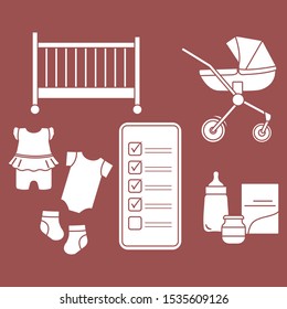 Vector illustration with smartphone with checklist, newborn baby accessories. Pram, crib, bottle, baby food can, socks, bodysuits. Online shopping.