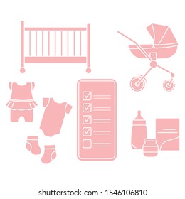 Vector illustration with smartphone with checklist, newborn baby accessories. Pram, crib, bottle, baby food can, socks, bodysuits. Online shopping.