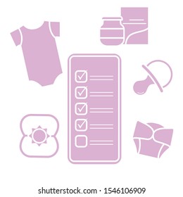 Vector illustration with smartphone with checklist, newborn baby accessories.  Bodysuit, baby food can, diapers, nipple, rattle. Online shopping.