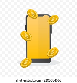 Vector illustration of smartphone coins. Colored vector for website design. Simple design with transparent background (PNG).