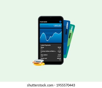 Vector Illustration of Smartphone with Coins and credit cards. Mobile Banking App UI on Screen.