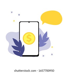 Imagen vectorial de smartphone, monedas con signo de dólar y burbuja de habla. Aplicación de compras en línea, concepto de intercambio de dinero. Pagos en línea por teléfono inteligente. Ayuda de consultores en línea, concepto de banca móvil