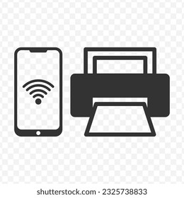 Vector illustration of smartphone connection to the printer icon in dark color and transparent background(PNG).