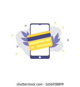 Vector illustration of smartphone with credit payment card. Online shopping, shopping app, buying online concept. Smartphone online payments and e-commerce